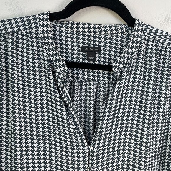 Ann Taylor Womens Large Green Houndstooth Button Up Blouse Long Sleeve Shirt - Picture 7 of 9